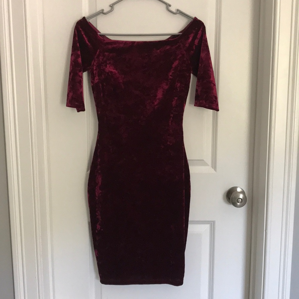 Off the shoulder maroon velvet dress